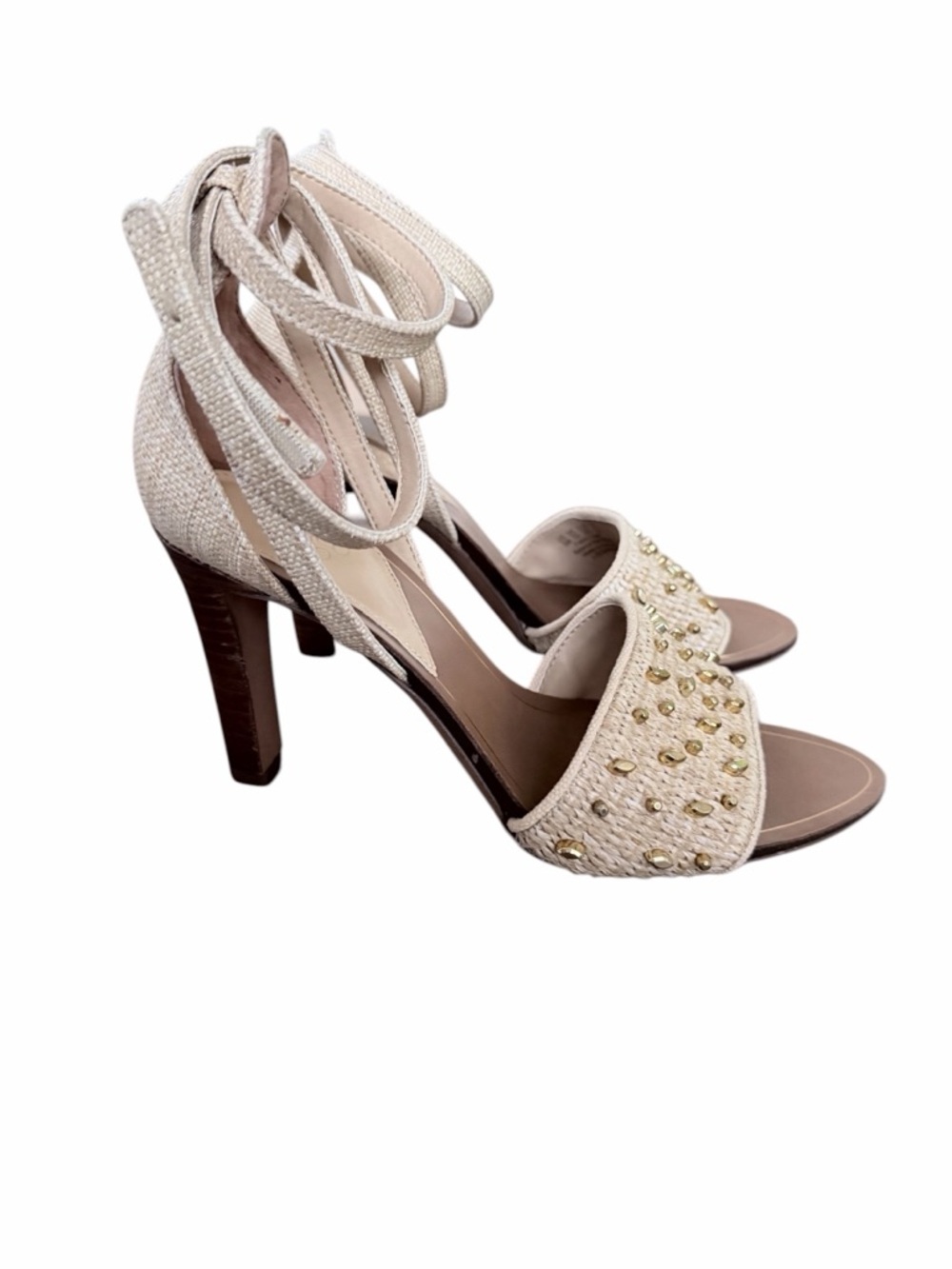 Franco Sarto Natural Beige Ankle-Tie Studded High Heels - Picture 3 of 6